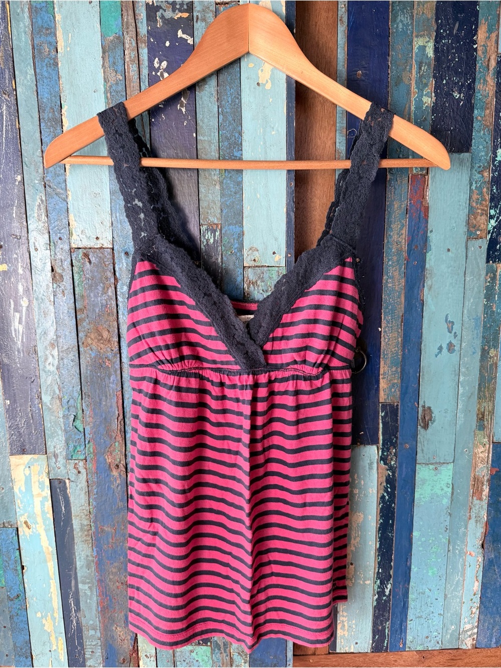 Abercrombie & Fitch Pink and Navy Striped Lace-Trim Chemise